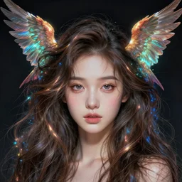 beautiful girl long hair, hair entwined, detail face, cute face, wings of birds from the head, wallpaper, poster, portrait, digital cgi rtx hdr painting bioluminance alena aenami artworks in 8 k, by james jean zhu and loish beeple, by thomas kinkade 2 2 2 2