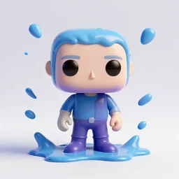single crazy melting plastic toy Pop Figure characterdesign product, C4d, by pixar, by dreamworks, in a Studio hollow, surrounded by flying particles