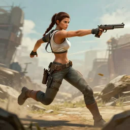 lara croft running and shooting with a gun, digital art, 4k