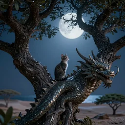 very very small cat, sitting on a gigantic dragon tree in moonlit socotra island by ilya kuvshinov, rtx rendering, octane render 1 2 8 k, maya, extreme high intricate details by tom bagshaw, medium shot, close up shot, composition by sana takeda, lighting by greg rutkowski