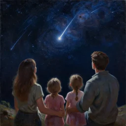 a realistic painting of a family in deep space watching a meteor shower