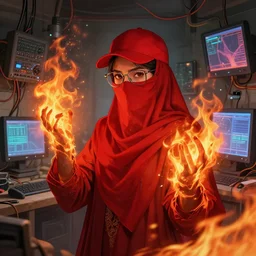 character art by ruan jia, young hyderabadi muslim woman wearing red niqab wayfarer glasses and red baseball hat, on fire, fire powers, room filled with wiring and electronics with monitors