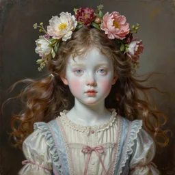 a young girl portrait with porcelain face and two ponytails flying in the wind, dressed in a vintage dress, blooming flowers in her head, conceptual art, oil fantasy painting, hyperdetailed, dramatic light, 4 k