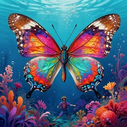 psychedelic butterfly, by james jean, daniel merriam, dan mumford, tom whalen, underwater bubbly scenery, sea flora