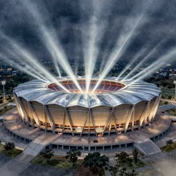 stadium building, pinterest, artstation trending, behance, watercolor, by coby whitmore, silver, laser light,