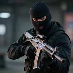 criminal wearing a balaclava holding an automatic weapon, cinematic, hyperrealism, octane rendering, 8 k, depth of field, bokeh, iridescent accents