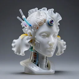 a irisdiscent glass statue of a dieselpunk futuristic robot head wearing brain sensors with multicolored tubes and a headset, 8 k, front shot, symetrical, flourescent colors, halluzinogenic, multicolored, insanely detailed, front shot, 3 d render, octane