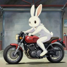 a painting of a bunny riding a motorcycle, finely detailed features, full body mid shot, perfect art, in the garage, gapmoe yandere grimdark, trending on pixiv fanbox, painted by gaston bussiere, makoto shinkai, akihiko yoshida, gaston bussiere, craig mullins, studio ghibli