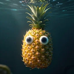 a single delicious pineapple with two big eyes floating underwater, digital art, concept art, trending on DeviantArt, trending on Artstation, high quality, 8K HDR, octane render, unreal engine 5, path tracing, dramatic lighting, cinematic, highly detailed, medium shot