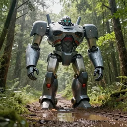 giant robot on a muddy track surrounded by woodland, with puddles, in the showering summer morning light, high resolution detailed realistic cinematic matte painting by raphael lacoste, andreas rocha, john harris, and david hocknet