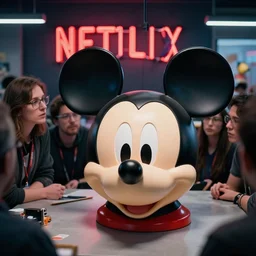 several people in workshop looking at the head of mickey mouse as plastic statue!!!!!!, neon netflix logo on the background, made by artgerm, greg rutkowski, highly detailed 8 k art, low light cinematic, 2 4 mm lens, | upper view | close distance |