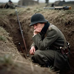 tilt shift napoleon pondering over a dug out trench wwi, dramatic light, zdzidaw, ultrafine, hyperrealistic, vintage, retro, 3 5 mm film still, movie