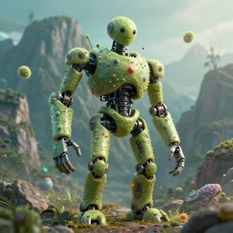 a gigantic bio robot made out of germs stands in front of a mountain. digital art, octane renderer. cgsociety, soft light 😥😶😶😬
