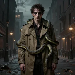 dark horror, snakes piled inside of a trench coat pretending to be a man, detailed city background,