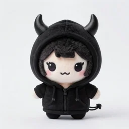 cute fumo plush of a dark demon girl in a black hoodie