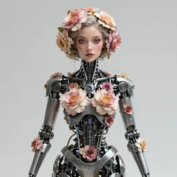 goddess mechanical robot, highly detailed, flower skin, expressive eyes, beautiful symmetric body, award winning art by Tom Bagshaw