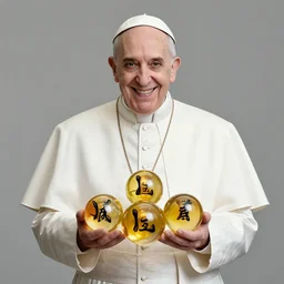 a professional photograph of the pope holding seven dragon balls and smiling maniacally