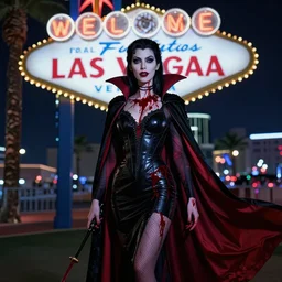 full body portrait, vampire queen, blood, las vegas at night, highly detailed, CGsociety, subtle, concept art, HDR, hyper realistic, volumetric lighting, subsurface scattering, unreal