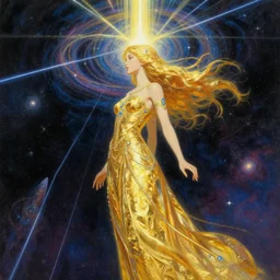 a golden goddess with blue adornments quarter turn figurative anime portrait, in space, transcending to a higher plane, the eternal blessing the holy nexus, in the multiverse, lazer light beaming down to top of her head, by android jones, by ben ridgeway, by ross draws, by Noah Bradley, by Maciej Kuciara + illustrative + visionary art + low angle + oil painting + Visionary art, profile portrait, artgerm,  featured in artstation, elegant, Moebius, Greg rutkowski