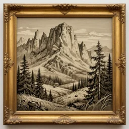 a illustration fantasy wood frame engraving with elegant details, golden border highly detail ornaments art by fantasy style, centered, facing shot, swords, crowns, dragons!! and flames, symmetry, elegant, masterpiece