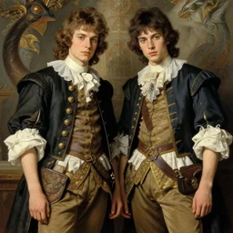 portrait of two young twinks boys captivating german latvian russian belarusian finnish norwegian glamour models wearing 1 7 th century off, jodhpurs greg manchess painting by sargent and leyendecker, studio ghibli close - up asymmetrical intricate elegant illustration hearthstone, by greg rutkowski by greg tocchini by james gilleard