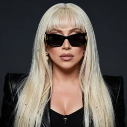 lady gaga in the poker face music video, photoshoot by nick knight, full body, wearing versace sunglasses, long platinum blonde hair with bangs fringe, highly realistic. high resolution. highly detailed. dramatic. 8 k. 4 k.