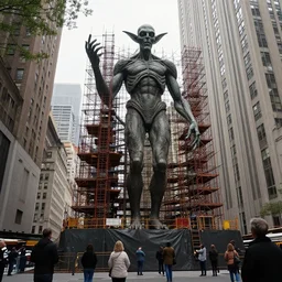 a giant lovecraftian statue being built in new york city, with people admiring around. 1 9 3 2