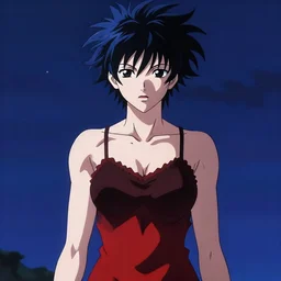 gorgeous ms midnight with black / blue spiky hair and black anime eyes, wearing a camisole, perfect body red and black color palette, in the style of and ilya kuvshinov and greg rutkowski, high quality anime artstyle, intricate