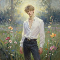 faerie male visual kei rocker on flowering bog. gouache fairytale art, russian romanticism, muted palette, backlighting, depth of field.