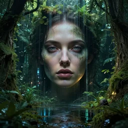 detailed face of a woman, lush, walled garden, utopian, tech noir, vertical data streams, wet reflections, chiaroscuro, rim lighting, atmospheric, ambient, pj crook, syd mead, livia prima, artgerm, greg rutkowski, nick alm, casey baugh