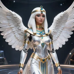 perfect white haired egyptian goddess wearing white dove wings, warframe armor, regal, attractive, ornate, beautiful, dreamy, half asian, pretty face, blue eyes, detailed, scifi platform, 4 k, ultra realistic, epic lighting, android body, illuminated, cinematic, masterpiece, art by akihito tsukushi, voidstar, artgerm
