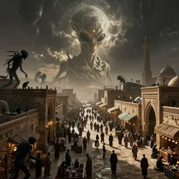 alien planet with islamic culture with busy merchant filled streets where souless shadow creatures patrol the masses
