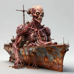 technobiological rusty warship consisting of tumors, veins, meat, kidneys, entrails, guts, skin, blood, eyes. biopunk, bodyhorror, high detail, photorealism, full length view, very rust, concept art, octane render, 8 k, cgsociety by hermann nitsch, dariusz zawadzki