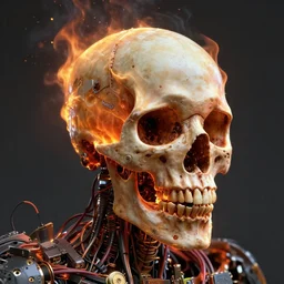 burning cyborg skull, computer parts, wires, unreal engine