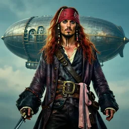 portrait painting of a 3 0 years old rugged masculine male pirate long long hair soft hair crimson hair upper body long coat elegant muscular rugged handsome floating mechanical zeppelin in background sky, unreal render cinematic lighting art 1 9 2 0 period drama by rutkowski andreas rocha