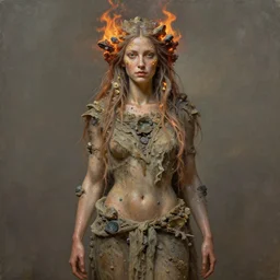 oil portrait | single character | full medium shot | front close - up | dressed in long rags with minerals, fire in your hair, ethereal, biblically accurate goddess, multidimensional, tiny gold embellishments on the face, octane render, devianart, fine art, intrincate. by peter mohrbacher, marc simonetti, anna podedwor. coherence