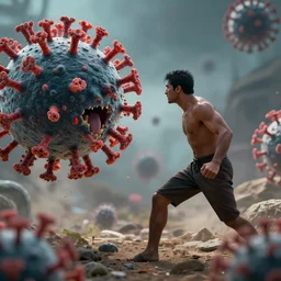 a brown man with black hair fighting a large attacking virus, photorealistic