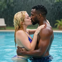 african american man and blonde white woman kissing in the rain at a pool. digital art