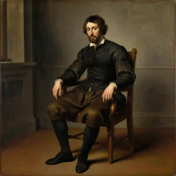 A renaissance oil painting of a man sitting on a chair