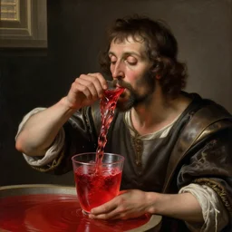 a man drinking red water, Renaissance painting, hyperrealistic, Unreal engine 4k