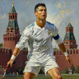 A beautiful oil painting depicting Cristiano Ronaldo in the Kremlin holding a racket by Lucas Graziano, Frank Frazetta, Greg Rutkowski, Boris Vallejo, epic fantasy portrayal of characters, exquisite details, post-processing, low angle, masterpiece, cinematic