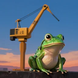 a hybrid of a crane and a frog on the background of a blue sunset, photorealism, 4 k