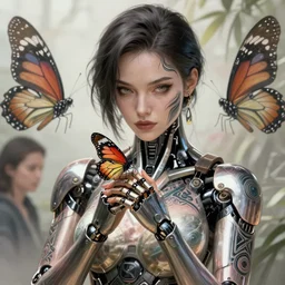 concept art by artgerm, attractive and tattooed female cyborg looking a butterfly perched on his hands, soft natural light, intricate, highly detailed, digital painting, artstation, concept art, smooth, sharp focus, illustration, art by greg rutkowski and luis rollo and uang guangjian and gil elvgren, symmetry!