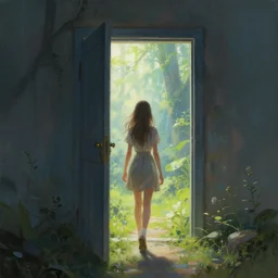 a girl walking through a door that connects to another world, fantasy painting, artstation