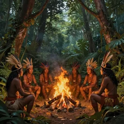 a beautiful matte painting of an indigenous tribe around a fire in the jungle, fantasy art, epic lighting, beautiful composition, matte painting, highly detailed