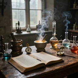cluttered, wood table, spell book, wizards laboratory, tony sart, window, mortar, pestle, glowing powder, compass, alembic, wisps of smoky light, beakers of colored liquid, greg rutkowski, architectural