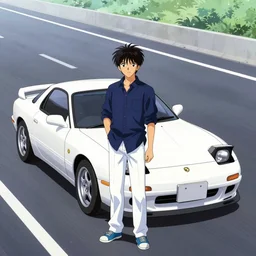 aesthetic anime illustration of ryosuke takahashi wearing a dark blue shirt and white pants, standing by his white glossy 1 9 9 0 mazda rx - 7 fc on an empty highway at sunrise, cinematic lighting, initial d anime 1 0 8 0 p, 9 0 s anime aesthetic, volumetric lights, rule of thirds, unreal engine render, pinterest wallpaper, trending on artstation