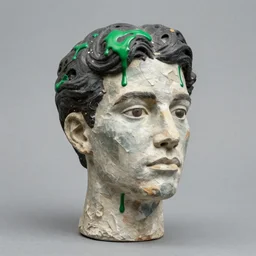 studio photograph of a mixed media surrealist of a human head by ernest pignon - ernest, antoni tapies and cy twombly, 8 0 mm, small green paint dripping all other