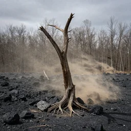 a dry and dead tree in a forest of coal and eroded stones, dust, wind, dirt, advertising photography