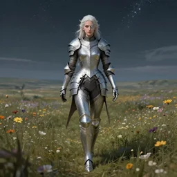 an illustration of the hermit queen, walking through distant flower planes, pale hair, one eye, intricate details, detailed face, detailed armour, artstation, epic pose, view from distance, volumetric light, starry sky, by rembrandt